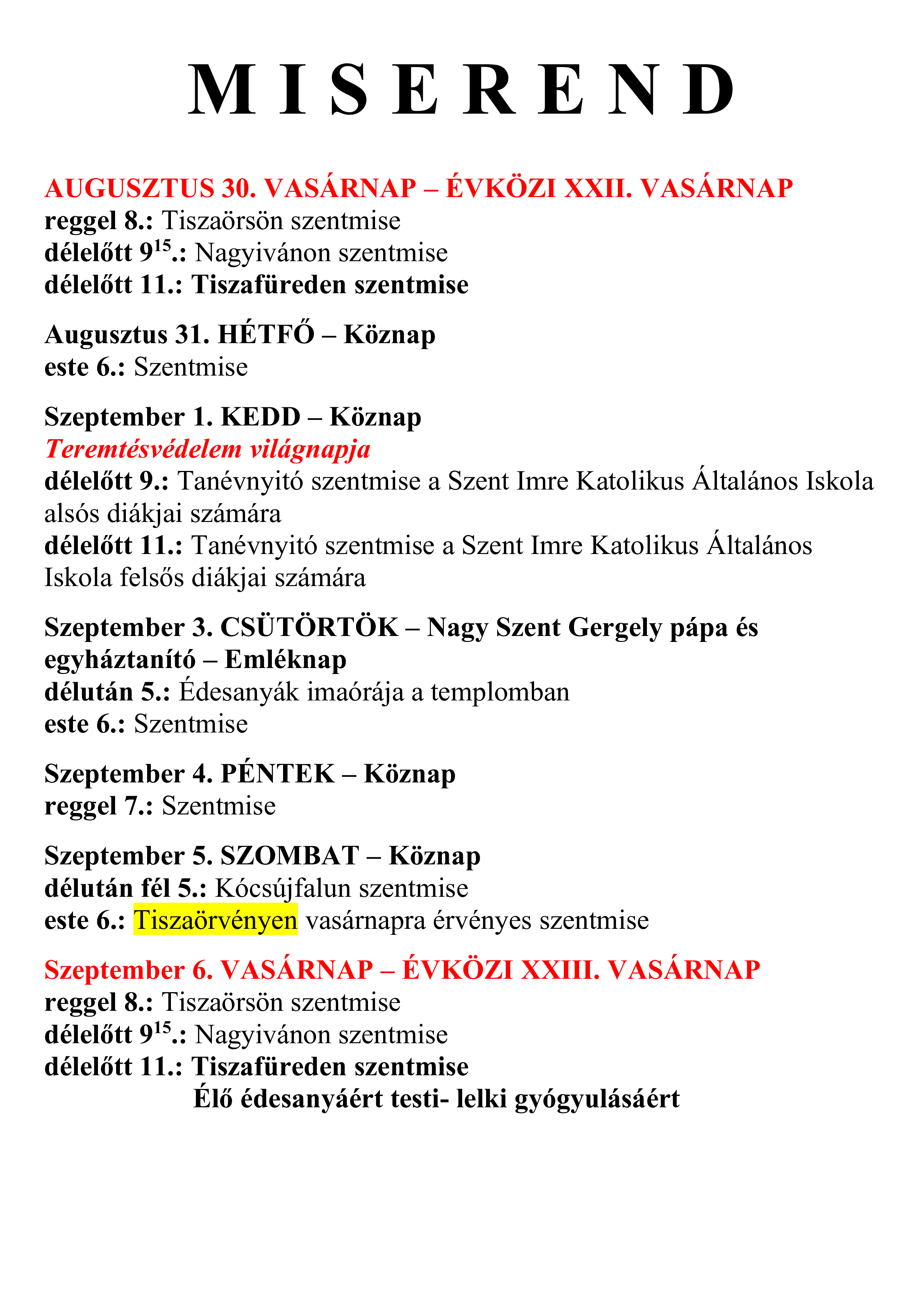 Aktuális miserend