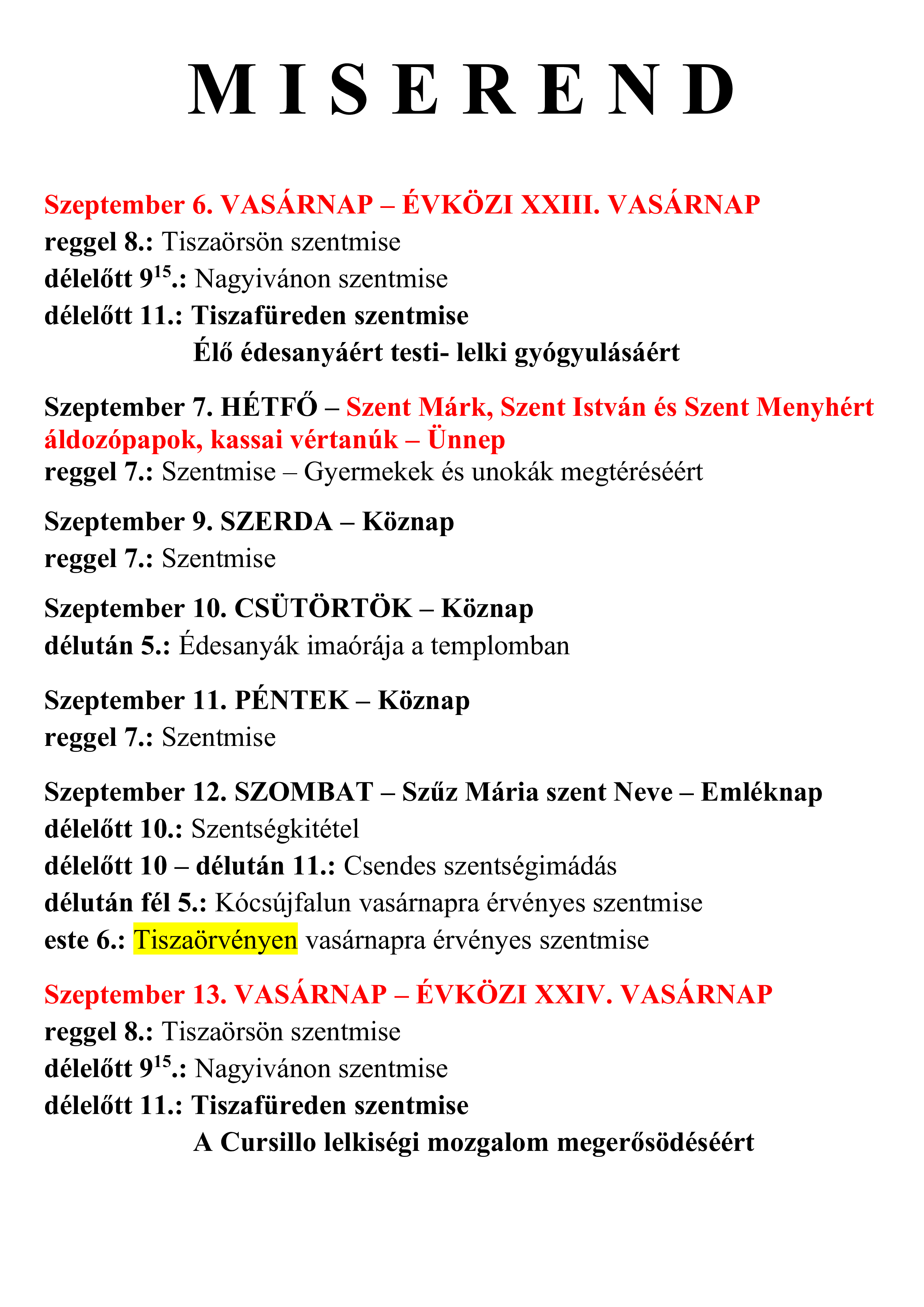 Aktuális miserend