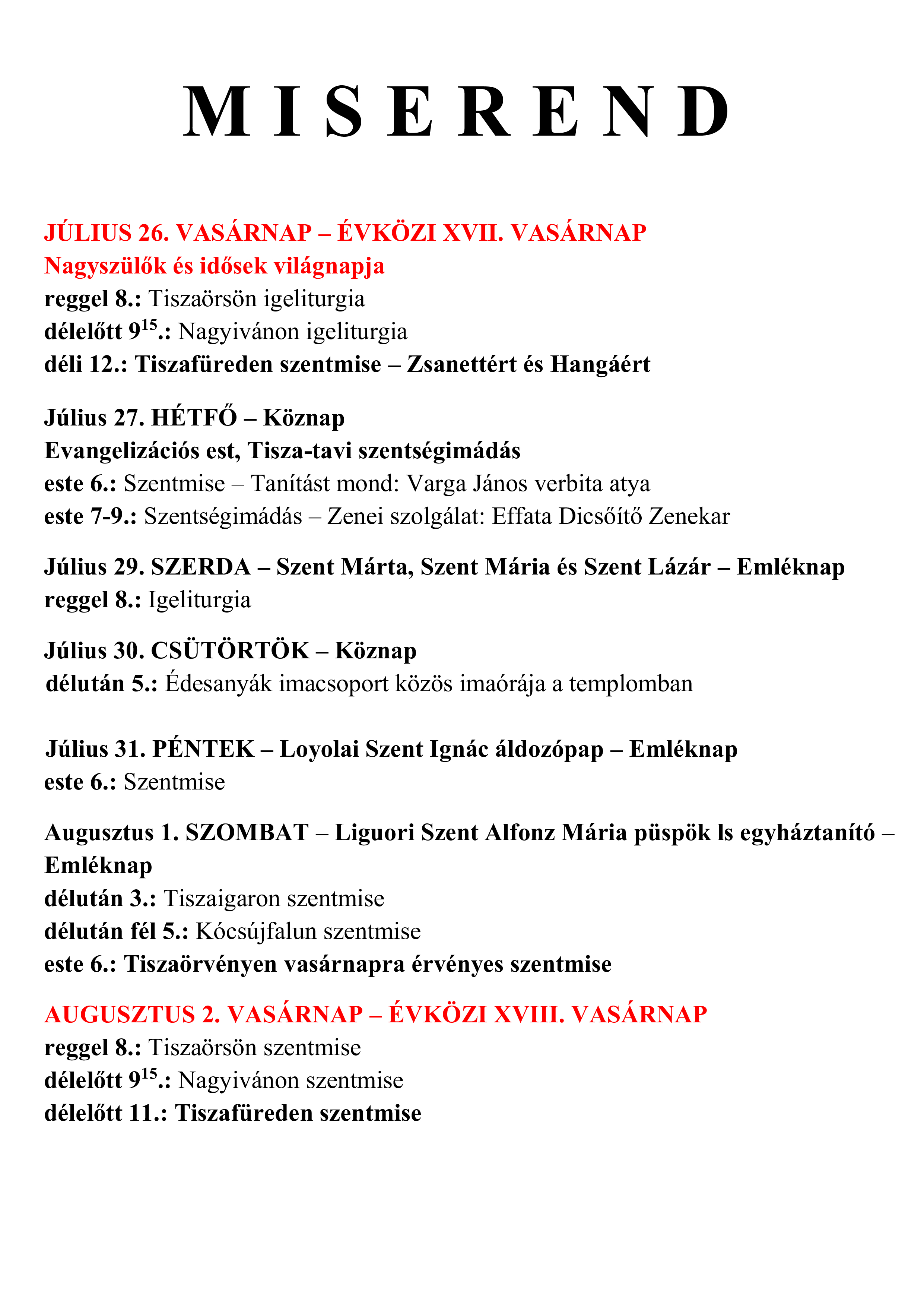 Aktuális miserend